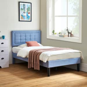 Upholstered Bed Light Blue Wood and Metal Frame Twin Platform Bed with Adjustable Headboard Bed Frame