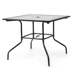 35'' Patio Dining Table Tempered Glass Top Metal Outoor Bistro Table with 1.5 in. Umbrella Hole
