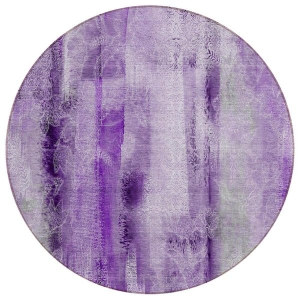 Purple 8 ft. Round Woven Border Polyester Round Indoor/Outdoor Area Rug