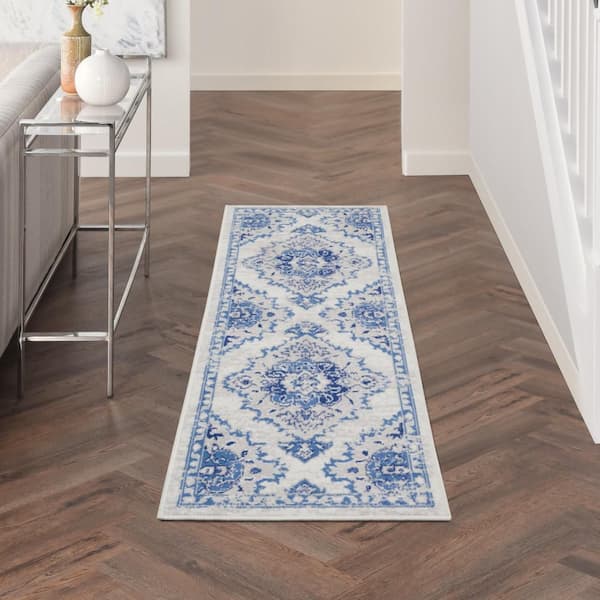 Whimsical Ivory Blue 2 ft. x 6 ft. Center Medallion Traditional Kitchen Runner Area Rug