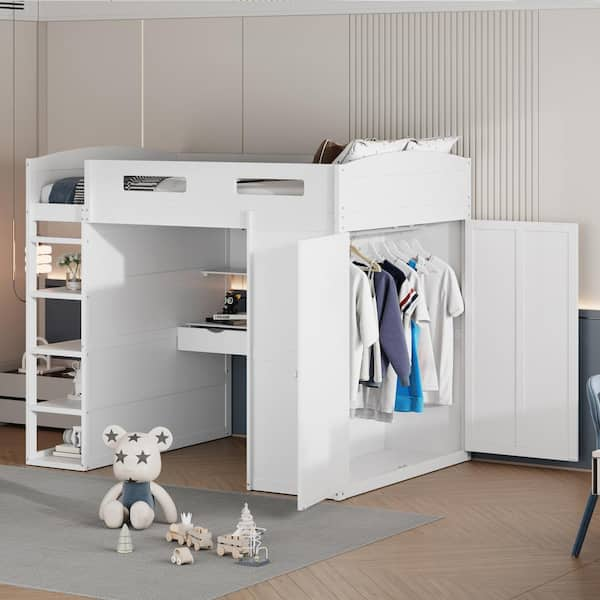 Harper &amp; Bright Designs White Full Size Loft Bed with Wardrobe 