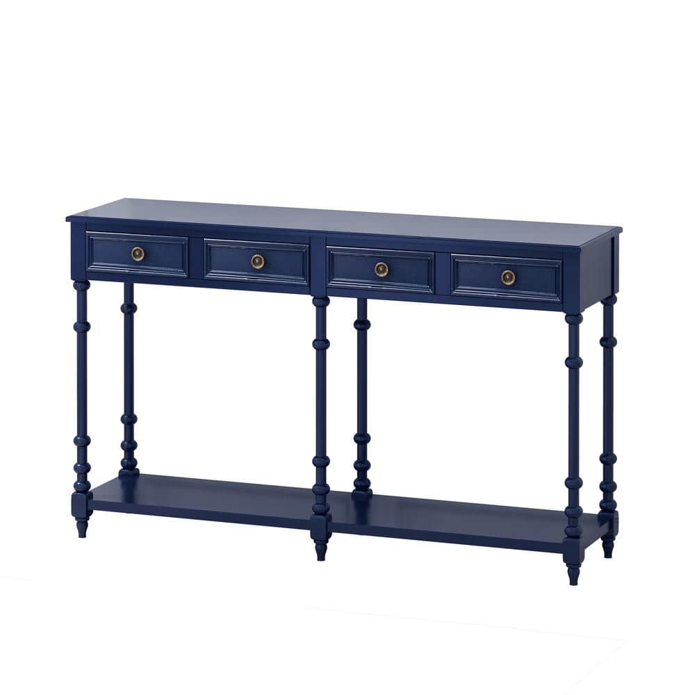 59 in. Blue Rectangle Wood Retro Console Table with 2 Drawers and Bottom Sh