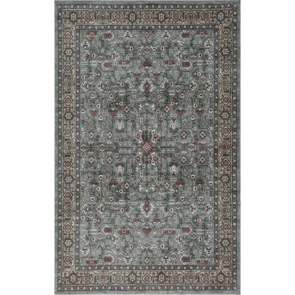 Subtlety Medallion All-Over Floral Border Non-Slip Machine-Washable Green/Brown 9 ft. x 12 ft. Area Rug