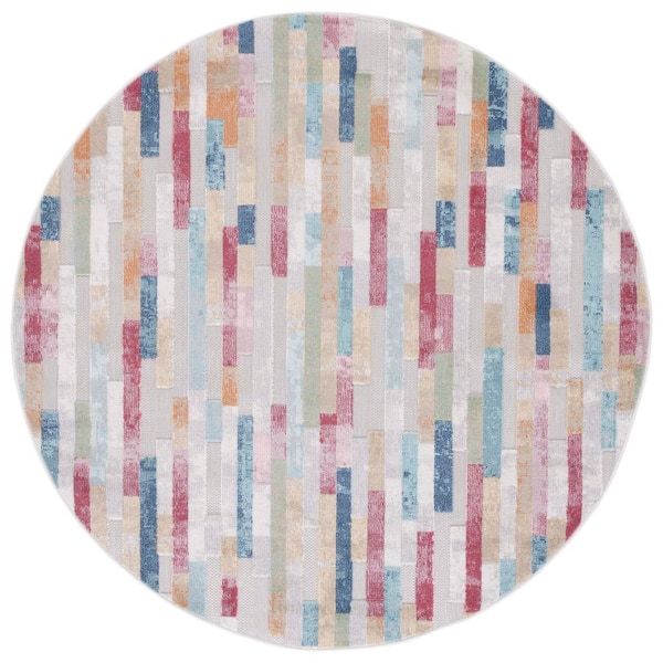 Cabana Red/Aqua/Ivory 7 ft. x 7 ft. High-Low Bricked Indoor/Outdoor Round Area Rug