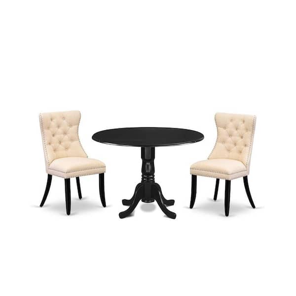 East West Furniture 3-Piece Black Finish Solid Wood Top-Round Upholstered Dining Room Set with Dropleaf-Seats 4