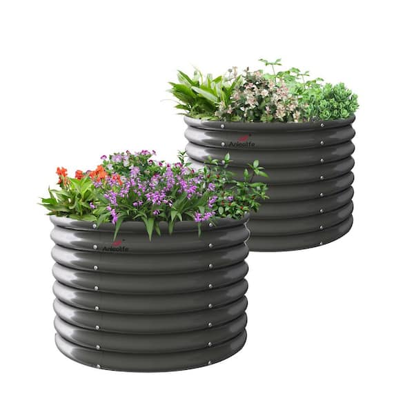 Zeus & Ruta 35 in. x 35 in. x 24 in. Metal Round Galvanized Raised Garden Beds, Planter Box for Vegetables in Quartz Grey(2-Pack)