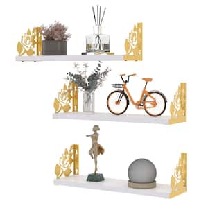 15.7 in. W x4.6 in. D Floating Shelves with Metal Rose Art Decor Set of 3, Gold and White Wooden Decorative Wall Shelf