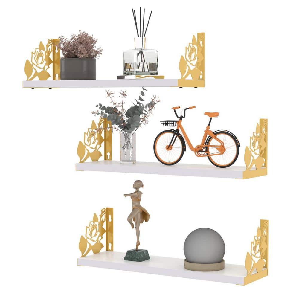 15.7 in. W x4.6 in. D Floating Shelves with Metal Rose Art Decor Set of 3, 
