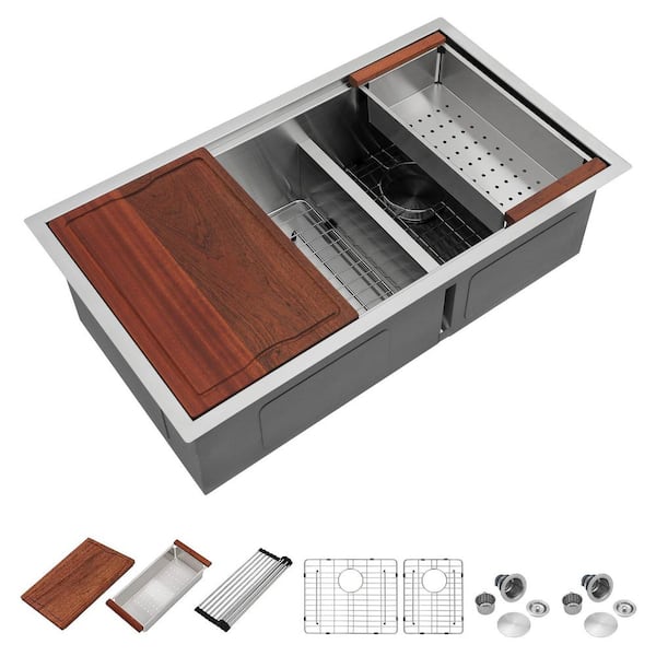 36 in. Undermount Double Bowl Low-Divide Workstation Kitchen Sink, Stainless Steel 60/40 Split sink with Accessories