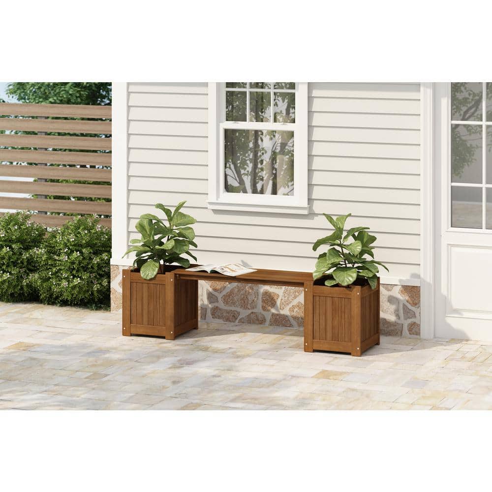 Furinno Brown Teak Hardwood Outdoor Planter Box with Bench