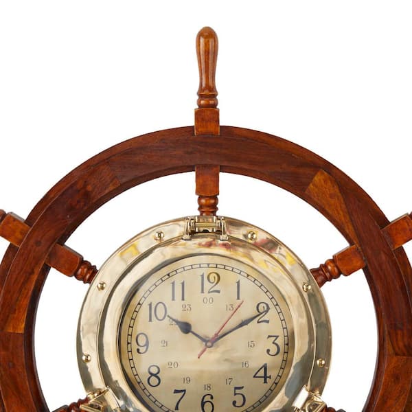 24″ Oak Ship's Wheel With Lacquered Brass Round Quartz Clock – IK Yacht  Design