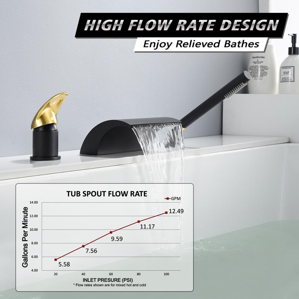 Black and Gold Stainless Steel Waterfall Tub Faucet with Hand Shower