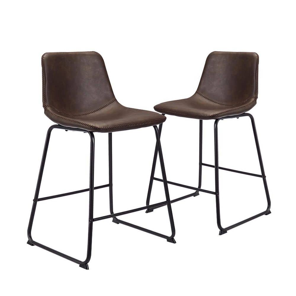 Armless Counter Stool with Black Metal Base Faux Leather Bucket Seat, (2-Pi