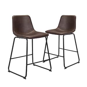 Armless Counter Stool with Black Metal Base Faux Leather Bucket Seat, (2-Pieces 24 in. Brown)