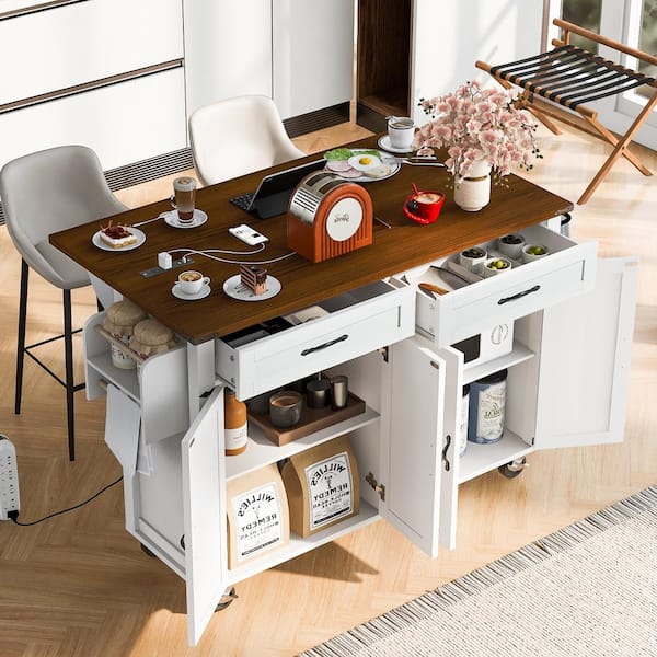 Harper & Bright Designs White Kitchen Cart with Drop-Leaf, Built-in USB Ports and Outlets, 5 Wheels, Spice Rack, 2 Drawers
