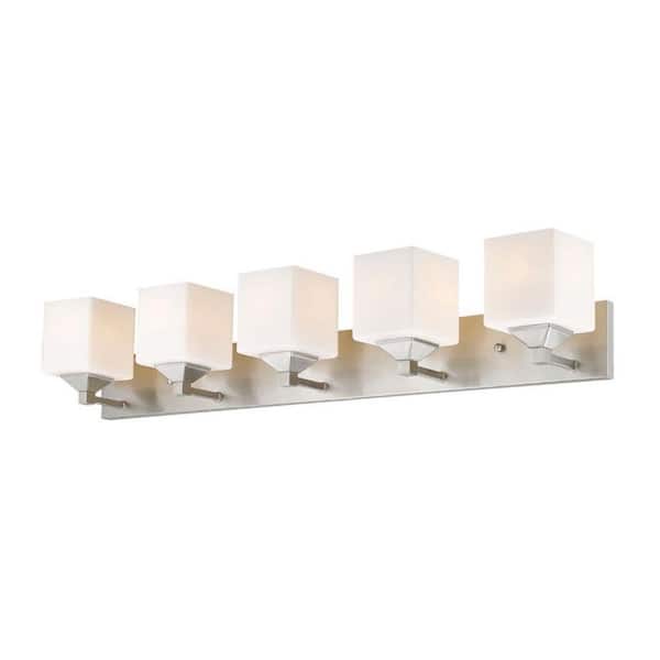 Quube 38.5 in. 5-Light Brushed Nickel Steel Modern Vanity Light with Matte Opal Glass Shades