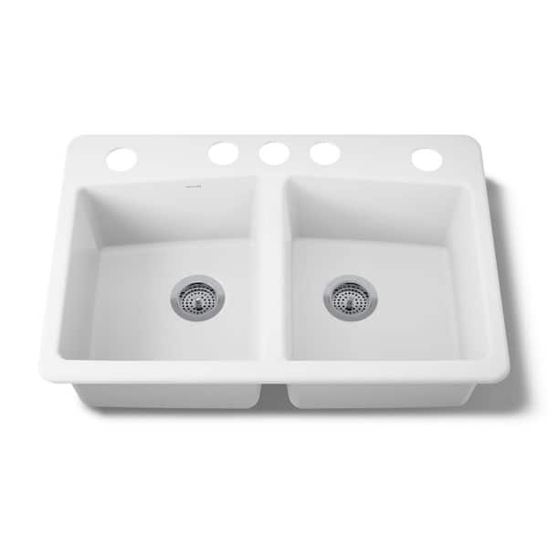 Brookfield Undermount Cast Iron 33 in. 5-Hole Double Bowl Kitchen Sink in White