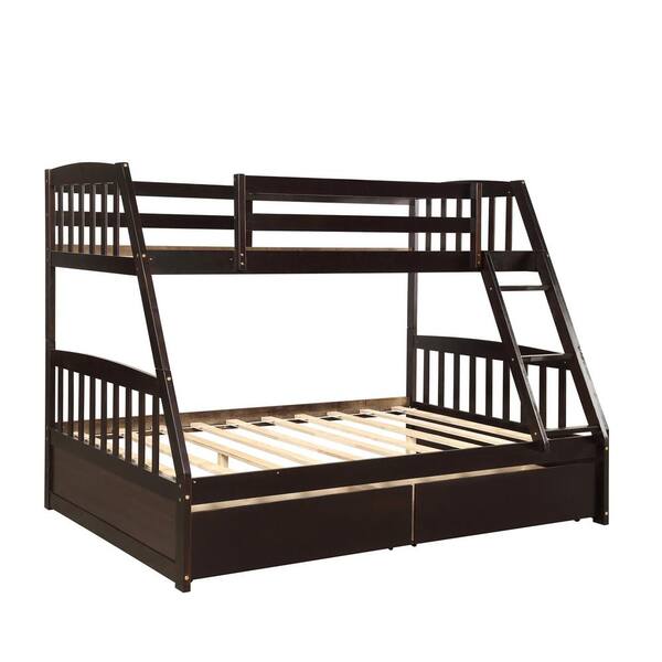Full Bunk Bed With 2 Storage Drawers, Twin Full Bunk Bed Solid Wood