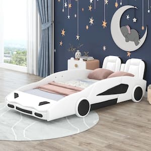 White Twin Size Wooden Race Car-Shaped Platform Bed with Wheels