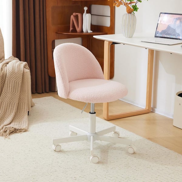 Teddy Fleece Velvet Seat Liftable Swivel Office Chair in Light Pink Armless