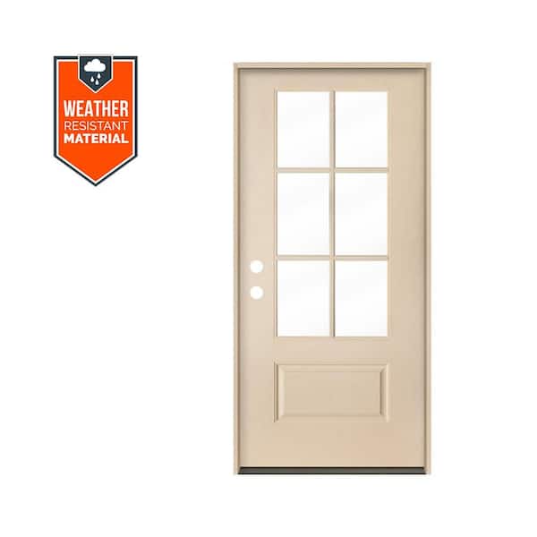 Krosswood Doors 36 in. x 79 in. Modern Farmhouse 6 Lite Clear Glass Right-Hand/Inswing Realistic Woodlook Fiberglass Prehung Front Door