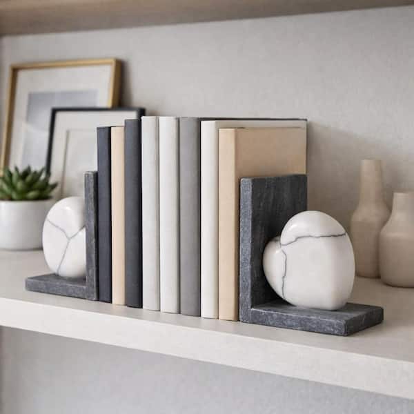 White/Black 5.25 in. x 6 in. Marble Cracked Heart Bookends (Set of 2)