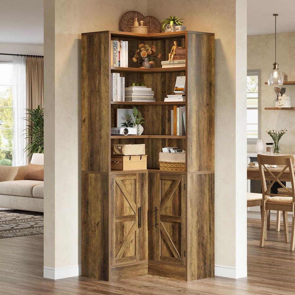 Eulas 70.9 in. Tall Brown Wood Corner Accent Bookcase with 4 Open Shelves and 2 Storage Cabinets