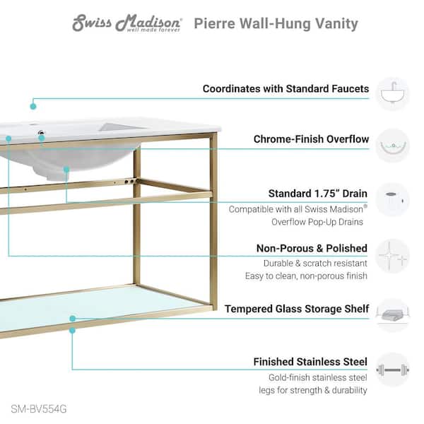 Pierre 47.2 in. W x 23.6 in. H Vanity in Gold with Ceramic Vanity Top in White with White Basin