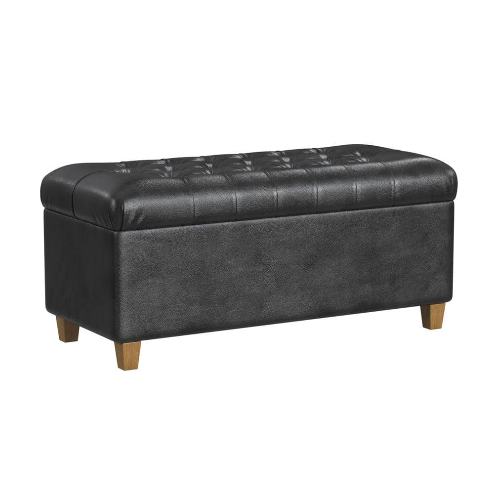 Black Faux Leather Tufted Storage Cocktail Bench with Oak Legs