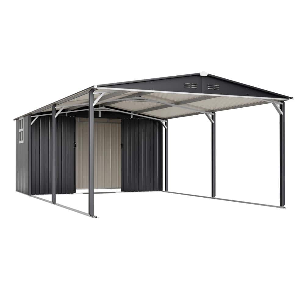 12'x23' Grey Metal Carport Storage Shed, Heavy Duty Steel Garage