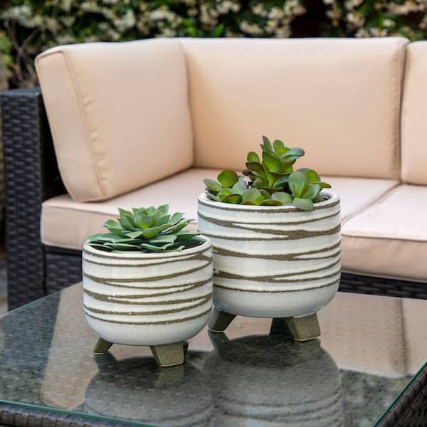 Set of 2 6/8 in. White & Brown Ceramic Fluted Planters with Frost and Heat Resistant, Indoor/Outdoor Decorative Pots