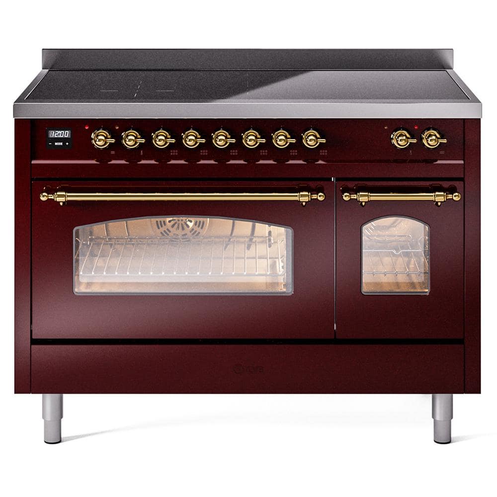 Nostalgie 48 in. 6 Zone Freestanding Double Oven Induction Range in Burgundy with Brass Trim -  ILVE, UPI486NMPBUG