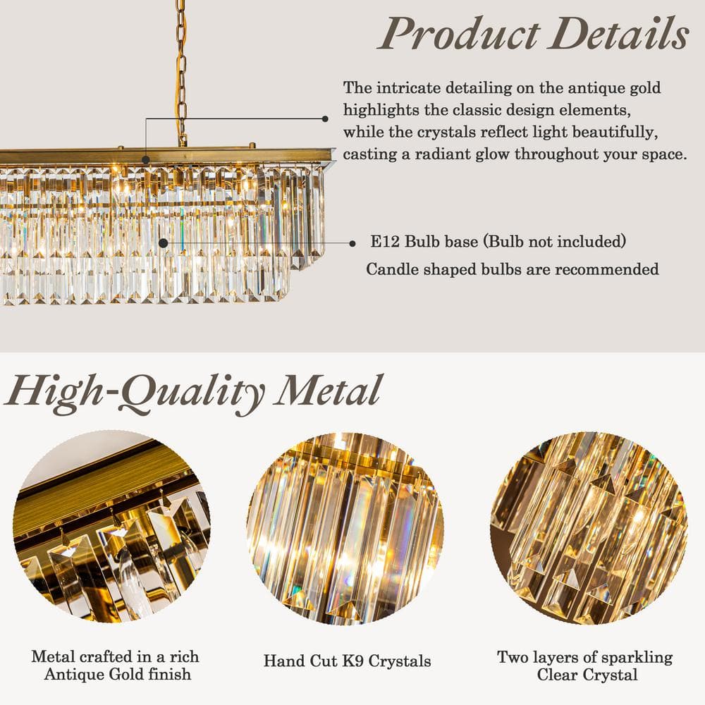 Antique Gold Rectangular Crystal Chandelier with Clear Glass Shade