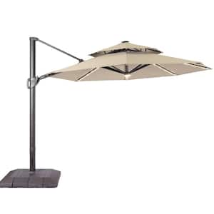 11 ft. Double Top Aluminum LED Cantilever Patio Umbrella with Base for Patio Deck Garden in Sand