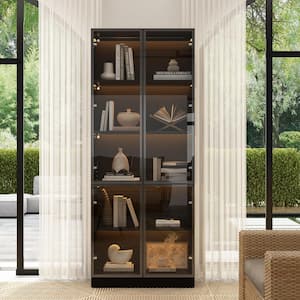 Black Wood 31.5 in. W Display Cabinet With Pop-up Tempered Glass Doors and 3-Color LED Lights