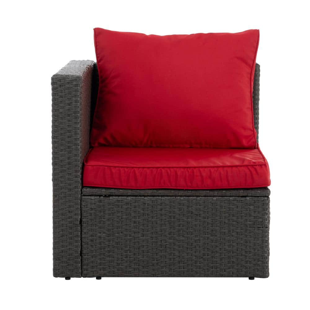 7-Piece Red Cushioned Dark Gray Wicker Outdoor Sectional Sofa Set