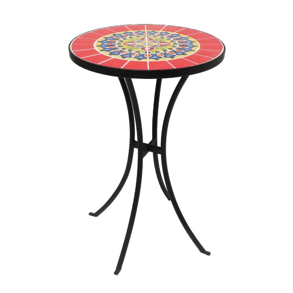 14 in. Iron Round Concrete Red Outdoor Side Table with Tile Top ...