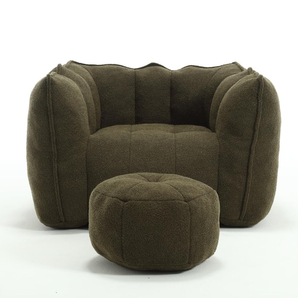 Olive Green Chenille Large (41x32x25 in.) Bean Bag with Footstool, High Resilient Foam for Living Room Bedroom Gaming