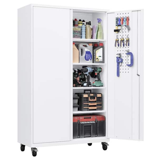 43.3 in. W x 71 in. H x 20 in. D 4-Shelf Metal Widened Rolling Garage Storage Freestanding Cabinet in White