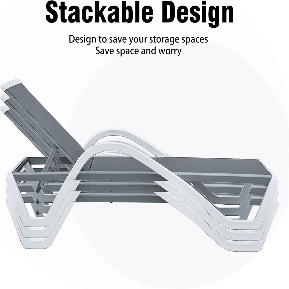 Gray and White Adjustable Aluminum Patio Chaise Lounge with Arms