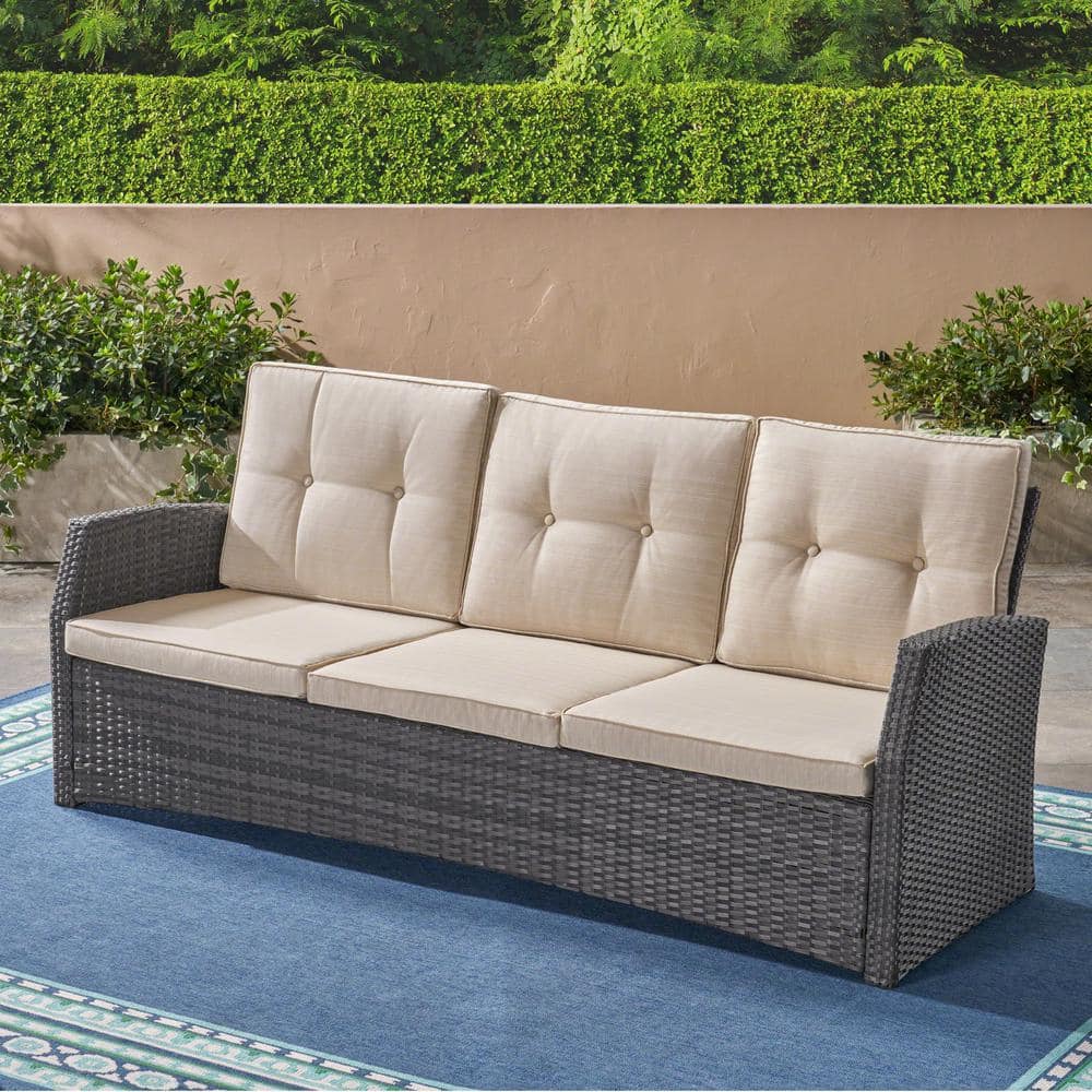 Noble House Sanger Gray Wicker Outdoor Sofa with Beige Cushions 42469 ...