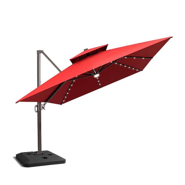 Double Top 13 ft. x 10 ft. Heavy-Duty 360° Rotation Solar LED Lighted Cantilever Patio Umbrella in Red, 240 lbs. Base