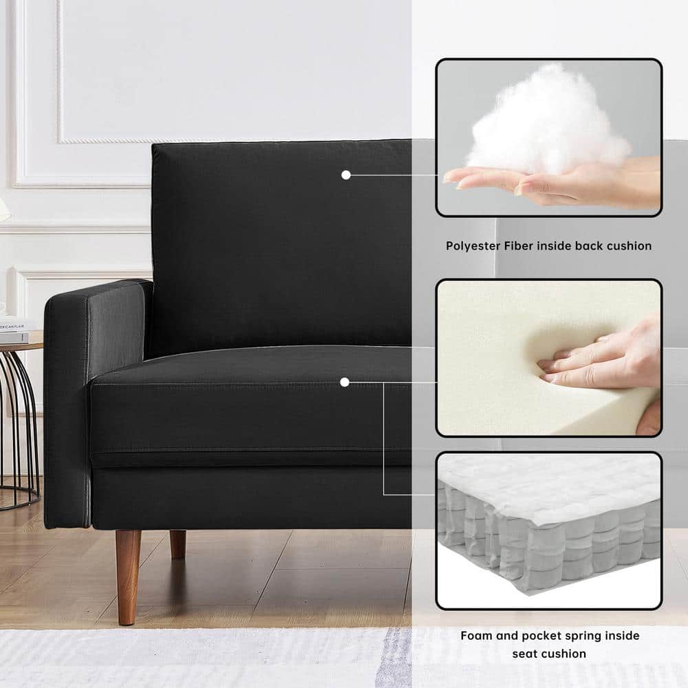 69 Inch Black Velvet Lawson Sofa with Wood Legs