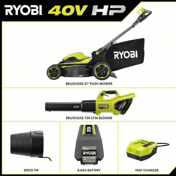 40V HP Brushless 21 in. Cordless Battery Walk Behind Push Lawn Mower w/ 800 CFM Leaf Blower, 8.0 Ah Battery and Charger