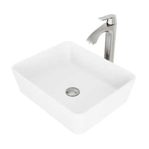 Matte Stone Marigold Composite Rectangular Vessel Bathroom Sink in White with Faucet and Pop-Up Drain in Brushed Nickel