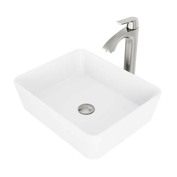 VIGO Matte Stone Marigold Composite Rectangular Vessel Bathroom Sink in White with Faucet and Pop-Up Drain in Brushed Nickel