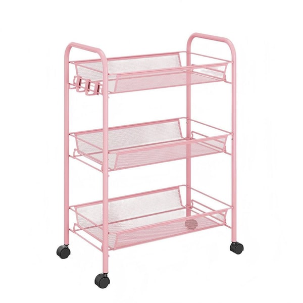 Multi-Purpose Rolling Utility Cart 3-Tier Rust-Resistant Mesh Shower Caddy with 3 Hooks in Durable Metal, Pink