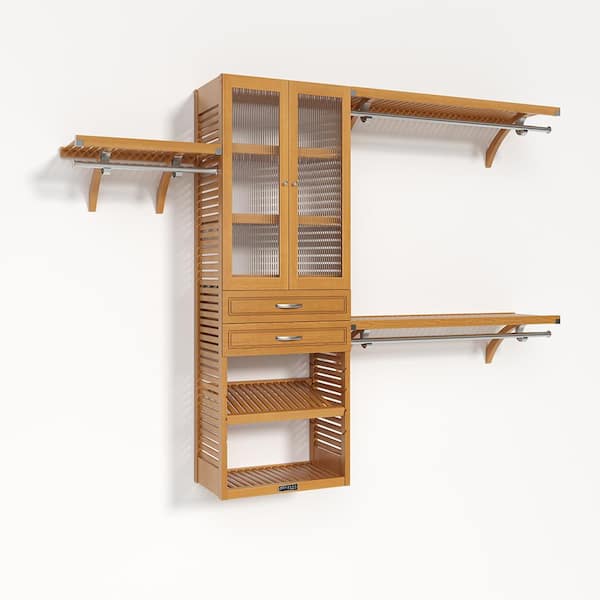 John Louis Home 72 in. W - 120 in. W Honey Maple Walk in with 2 Drawers and Glass Door 16 in. Shelf Wood Closet System