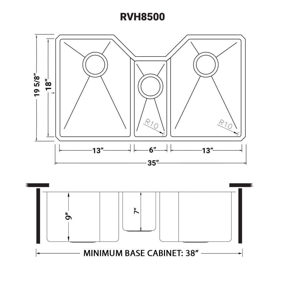 Ruvati 35" Triple Bowl Satin Stainless Steel Undermount Kitchen Sink