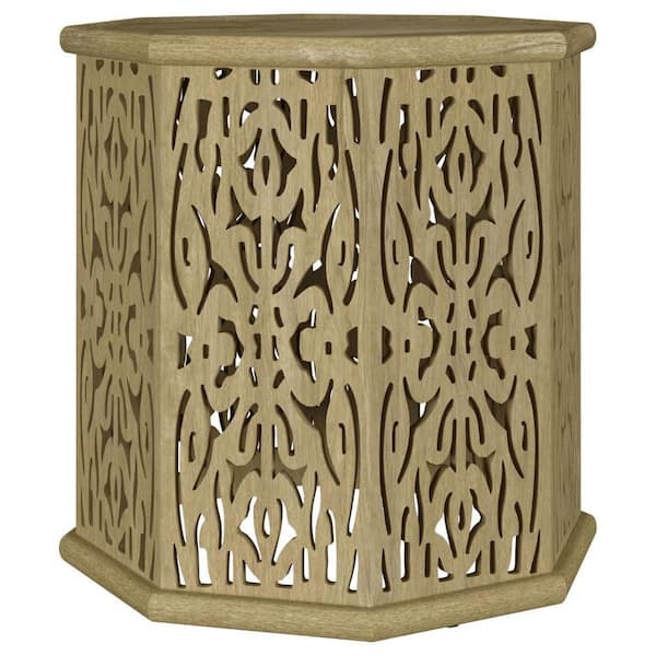 Benjara Ores 17.5 in. Brown Octagonal Mango Wood Side Table with Intricate Carvings